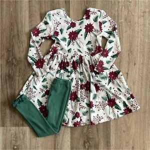 RuffleButts Poinsettia Dress & Matching Green Ruffle Leggings -size 4T